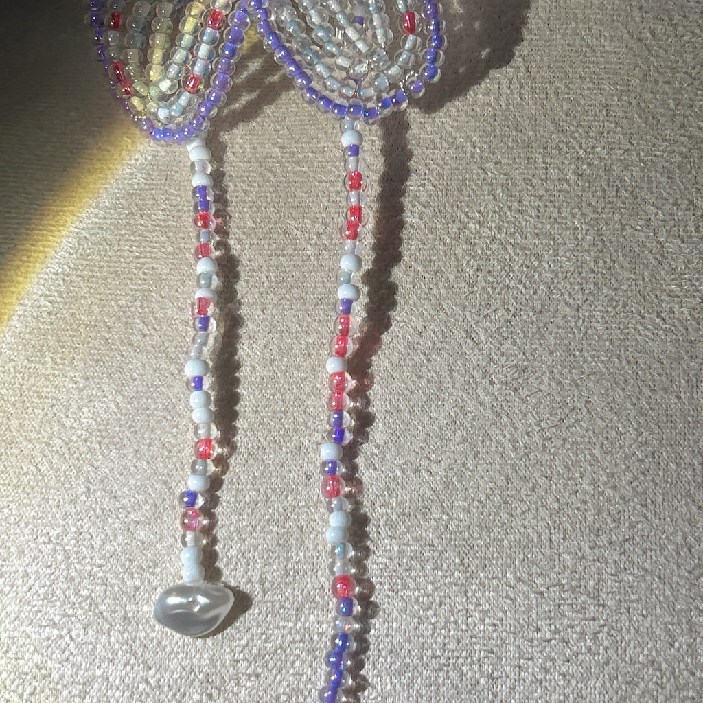 Handmade 3D Beaded Lily Flower Lariat Necklace | Lavender Pink Clear Seed Bead Fairycore
