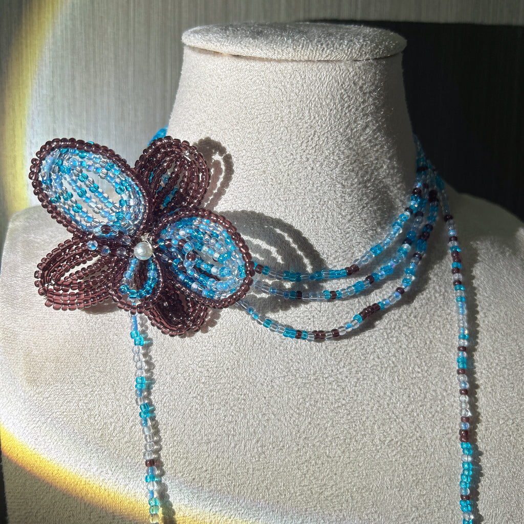 Handmade 3D Four-Petal Beaded Flower Lariat Necklace | Teal Brown Seed Bead Wearable Art