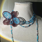 Handmade 3D Four-Petal Beaded Flower Lariat Necklace | Teal Brown Seed Bead Wearable Art