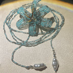Handmade Tiffany Blue 3D Beaded Lily Flower Lariat Necklace | Baroque Pearl Drop Ocean Fairycore