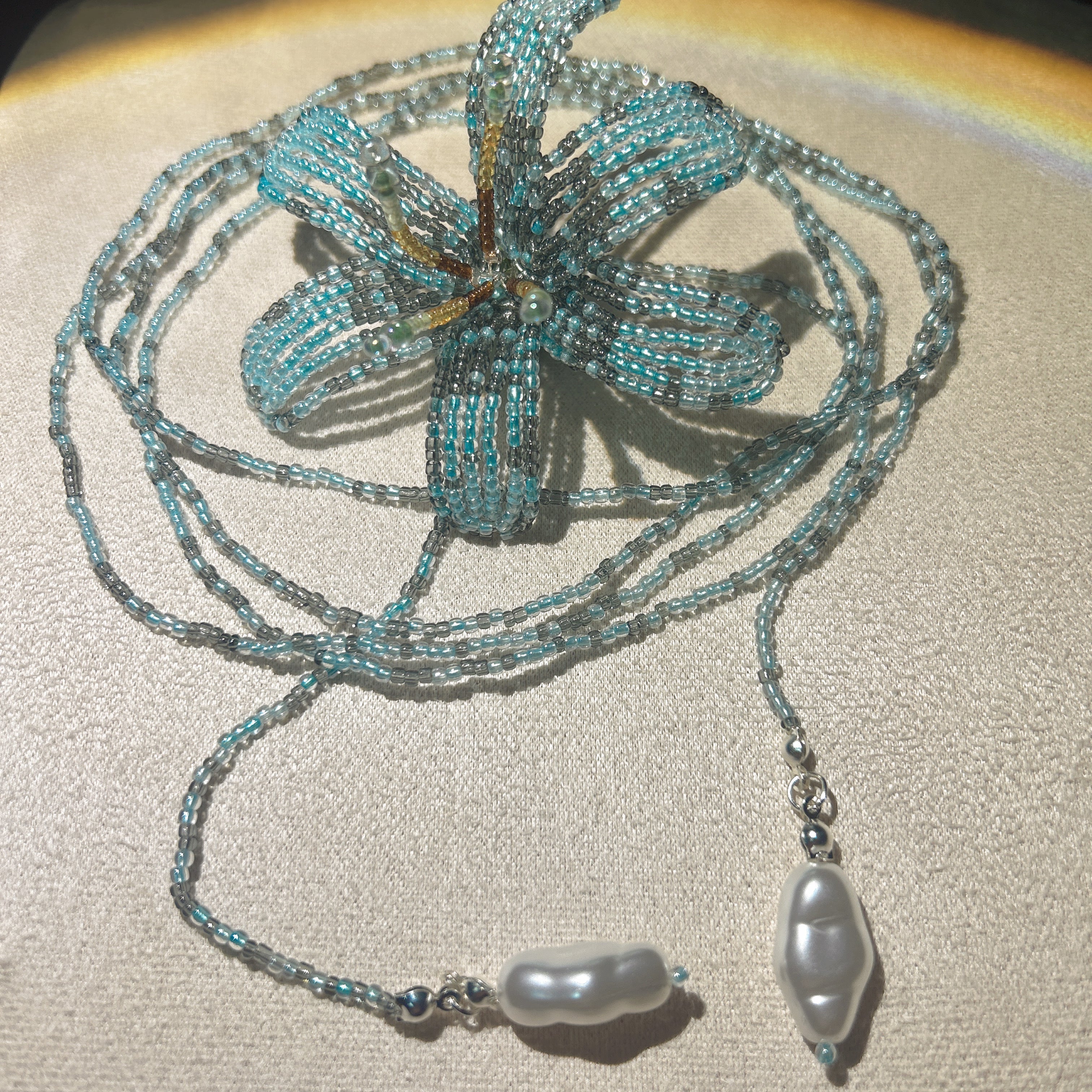Handmade Tiffany Blue 3D Beaded Lily Flower Lariat Necklace | Baroque Pearl Drop Ocean Fairycore