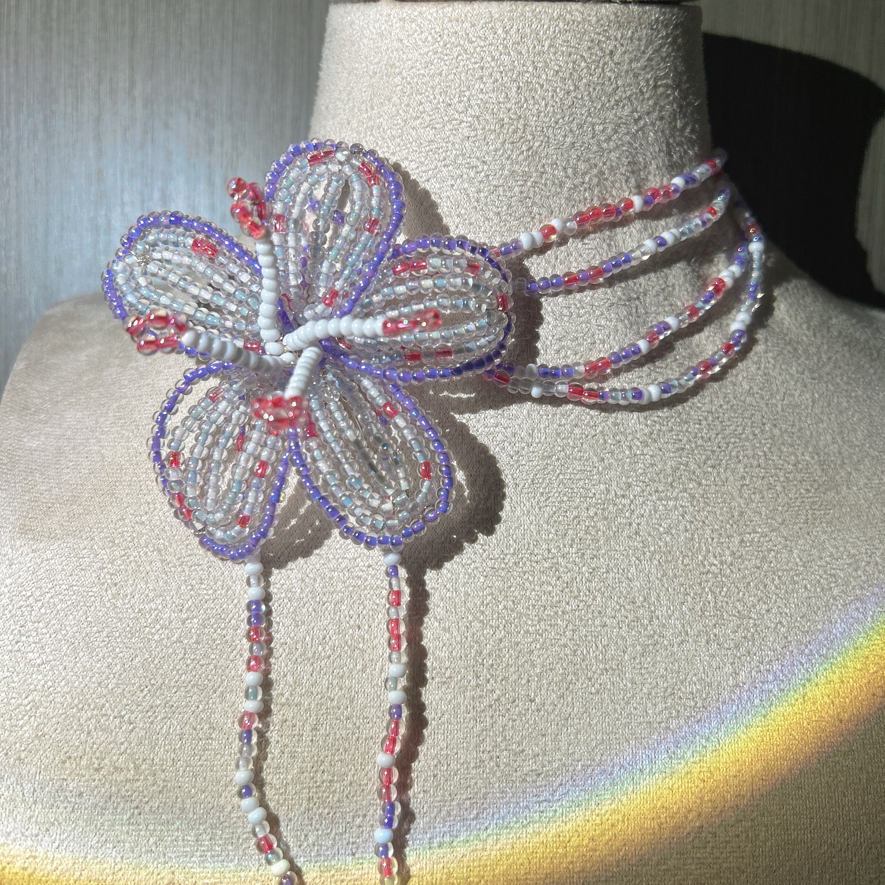 Handmade 3D Beaded Lily Flower Lariat Necklace | Lavender Pink Clear Seed Bead Fairycore