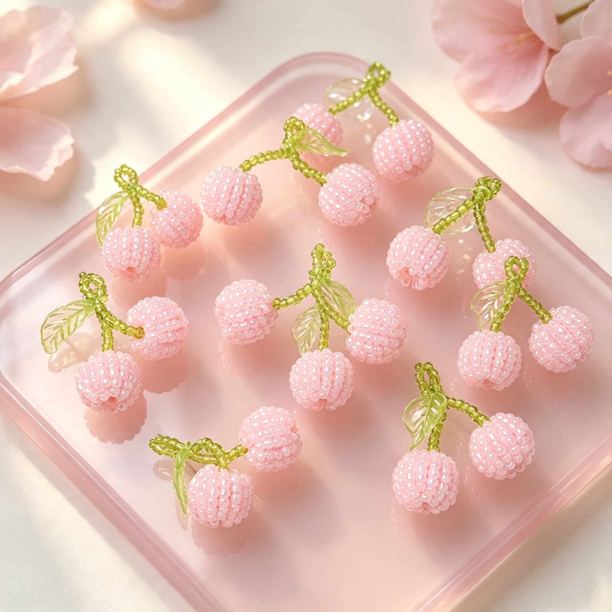 Handmade 3D Beaded Pink Cherry Drop Earrings | Green Leaf Stem Kawaii Fruit Fairycore Earrings