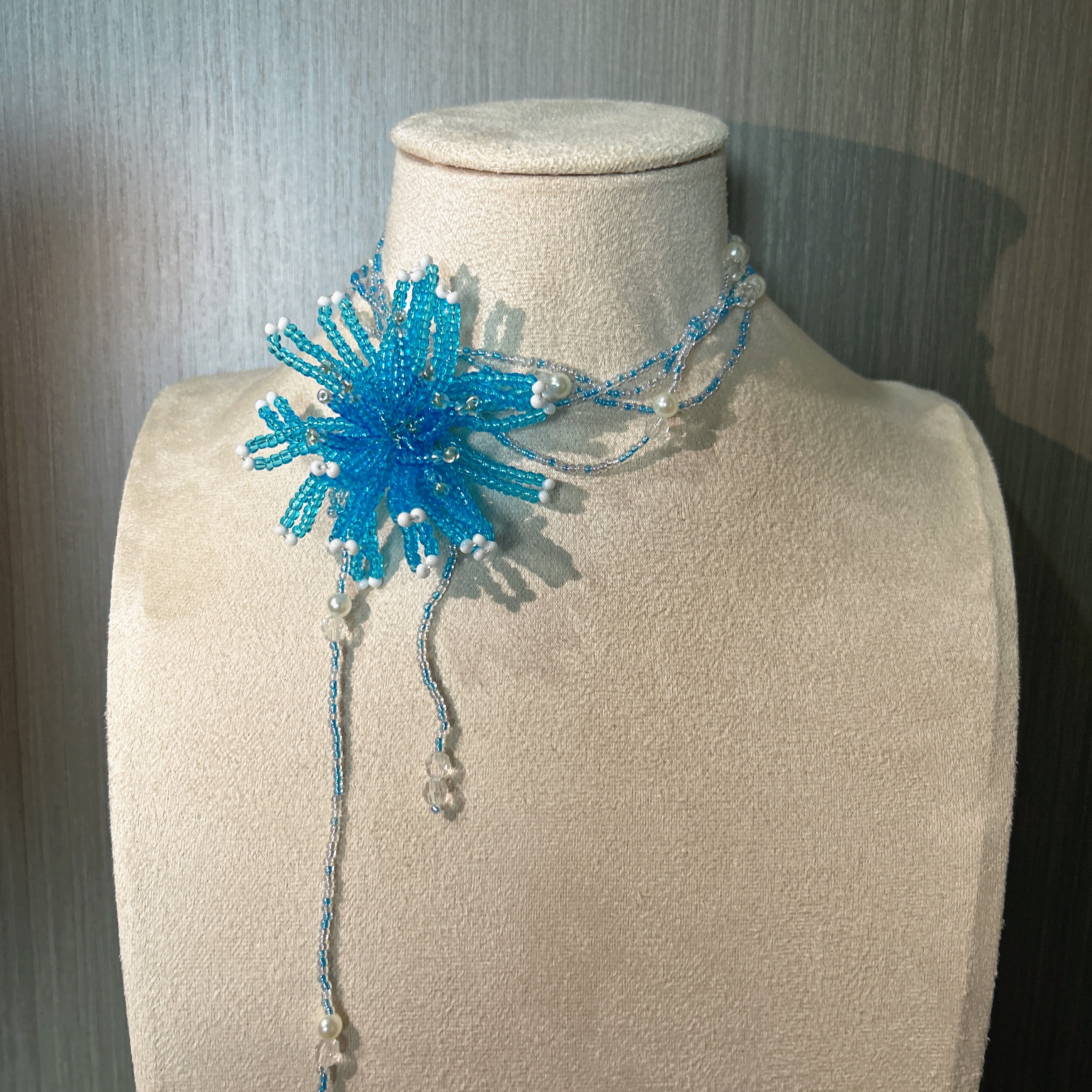Handmade 3D Blue Starburst Beaded Flower Lariat Necklace | Teal Seed Bead Pearl Crystal Drop Fairycore