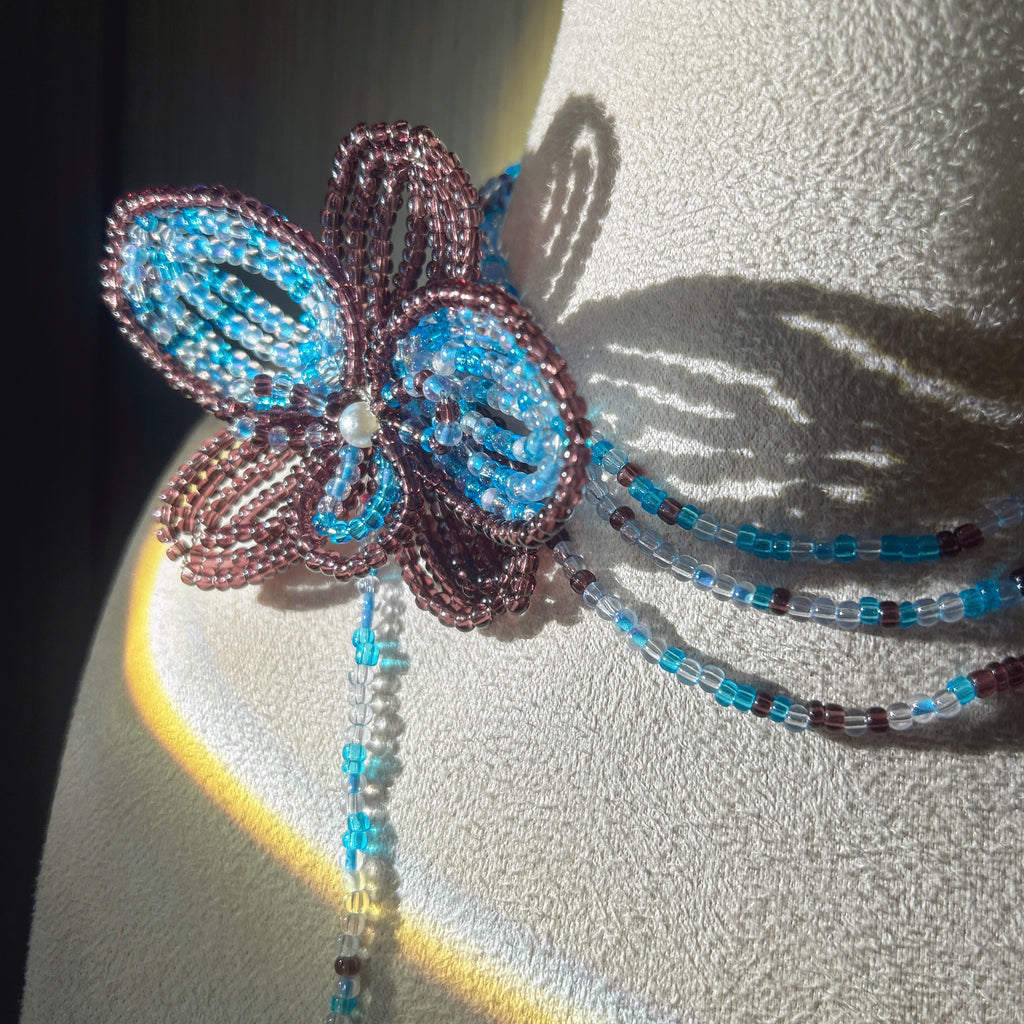Handmade 3D Four-Petal Beaded Flower Lariat Necklace | Teal Brown Seed Bead Wearable Art