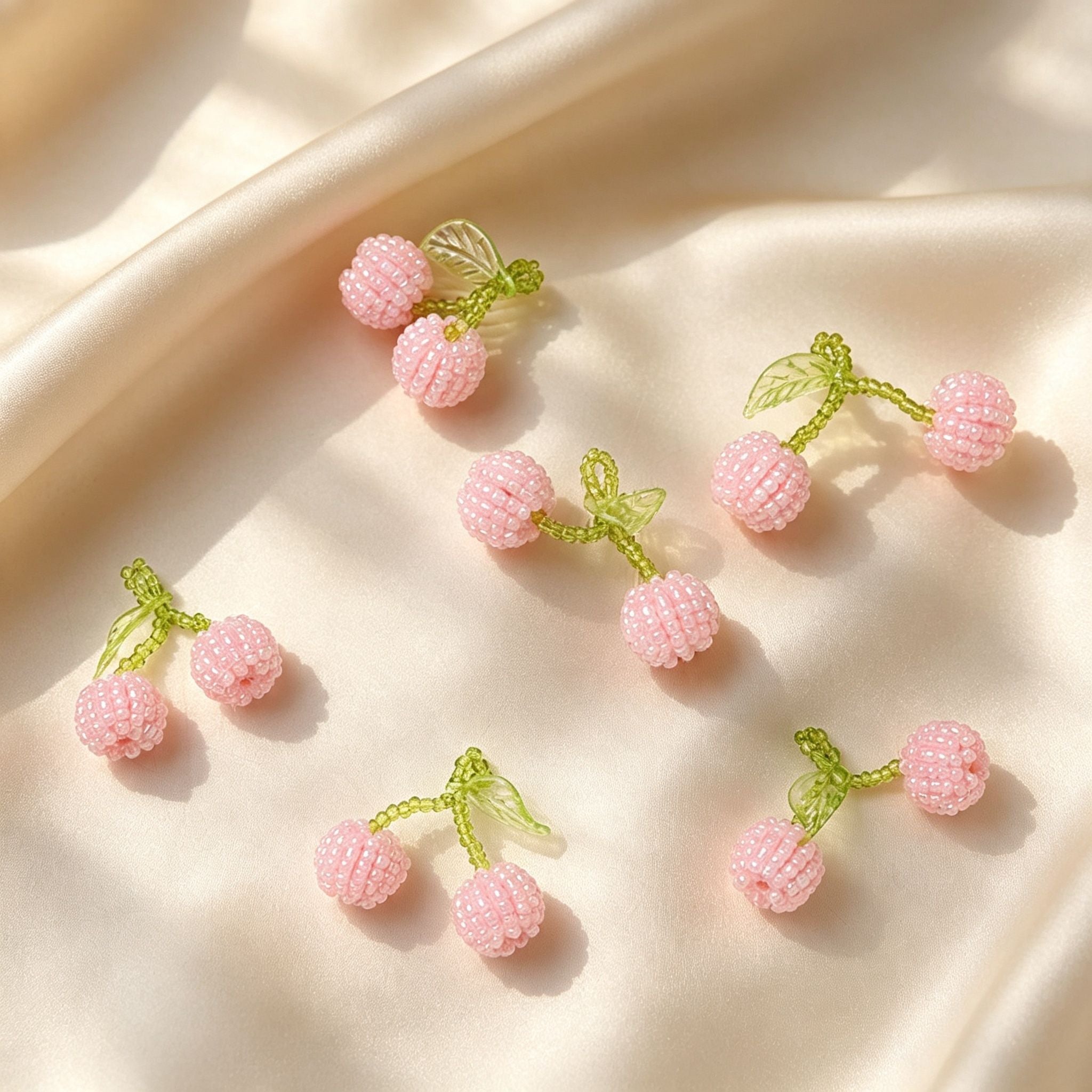 Handmade 3D Beaded Pink Cherry Drop Earrings | Green Leaf Stem Kawaii Fruit Fairycore Earrings