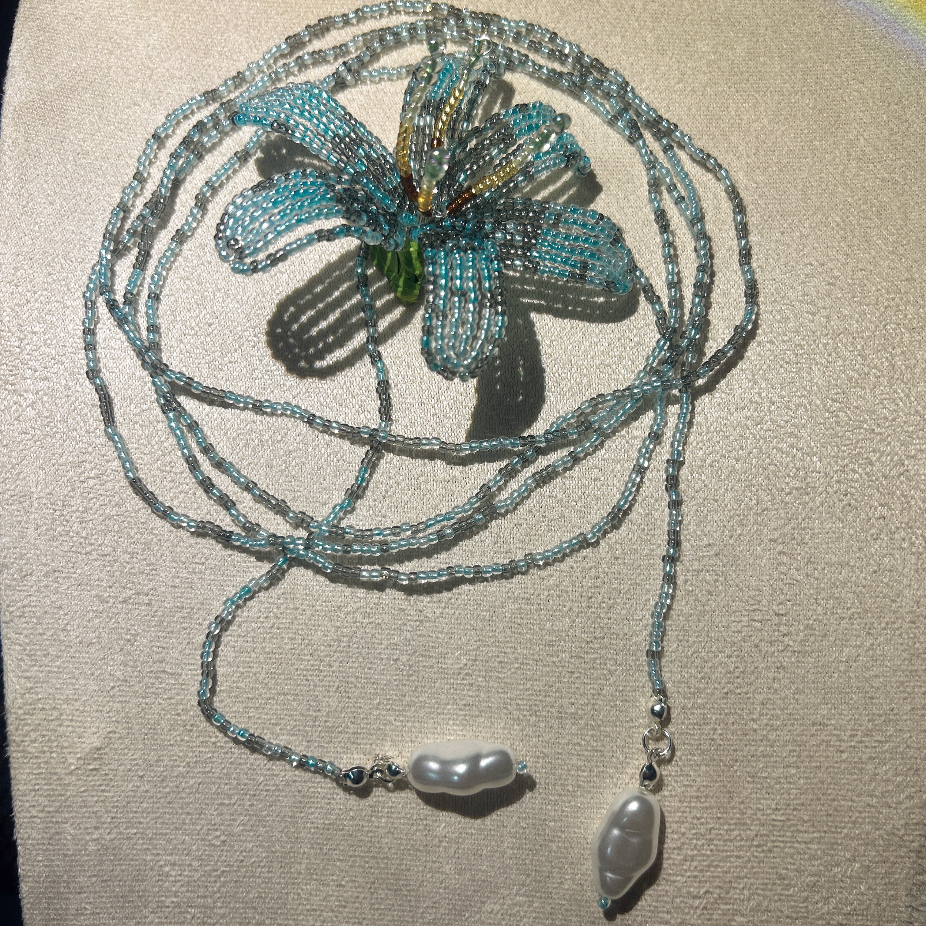 Handmade Tiffany Blue 3D Beaded Lily Flower Lariat Necklace | Baroque Pearl Drop Ocean Fairycore