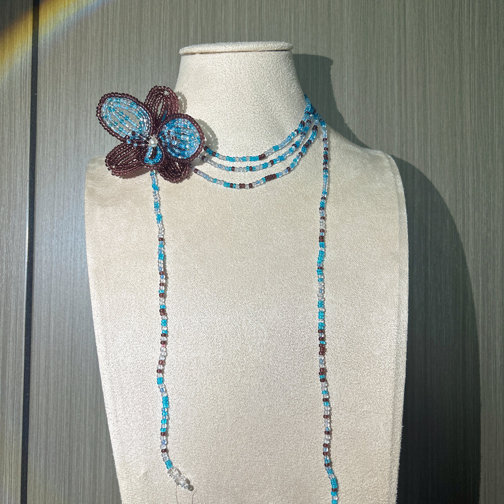 Handmade 3D Four-Petal Beaded Flower Lariat Necklace | Teal Brown Seed Bead Wearable Art