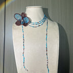 Handmade 3D Four-Petal Beaded Flower Lariat Necklace | Teal Brown Seed Bead Wearable Art