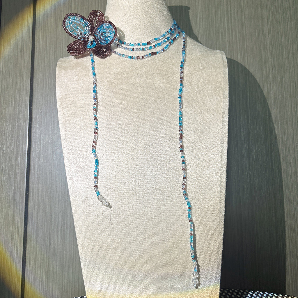 Handmade 3D Four-Petal Beaded Flower Lariat Necklace | Teal Brown Seed Bead Wearable Art
