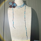 Handmade 3D Four-Petal Beaded Flower Lariat Necklace | Teal Brown Seed Bead Wearable Art