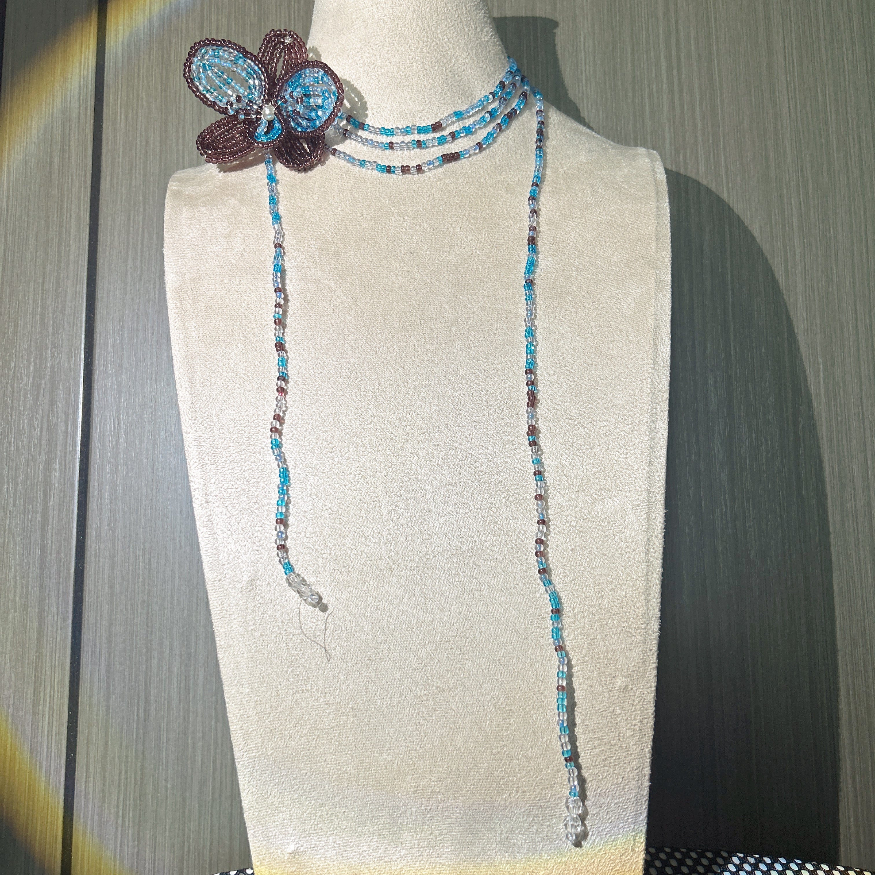 Handmade 3D Four-Petal Beaded Flower Lariat Necklace | Teal Brown Seed Bead Wearable Art