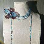 Handmade 3D Four-Petal Beaded Flower Lariat Necklace | Teal Brown Seed Bead Wearable Art