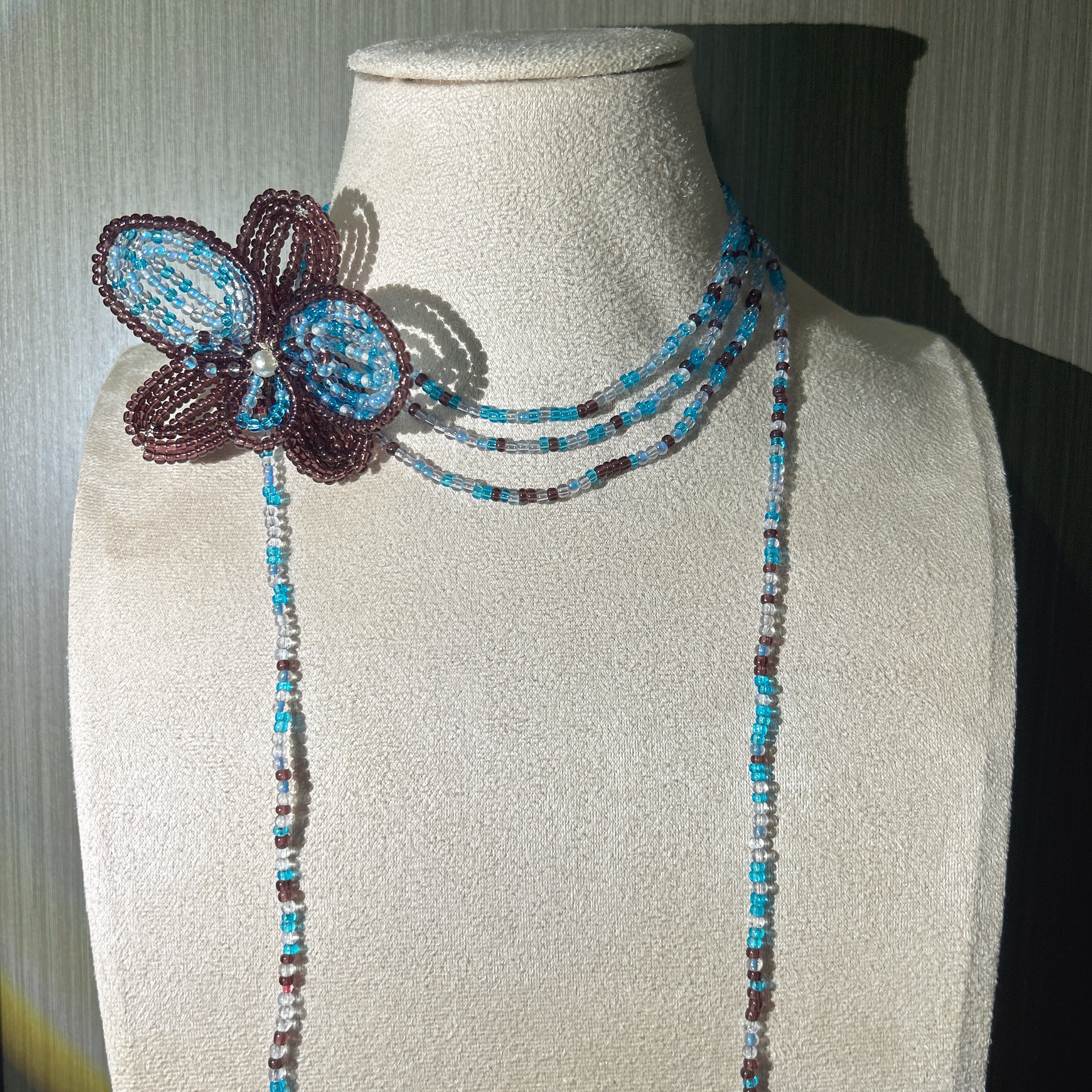 Handmade 3D Four-Petal Beaded Flower Lariat Necklace | Teal Brown Seed Bead Wearable Art