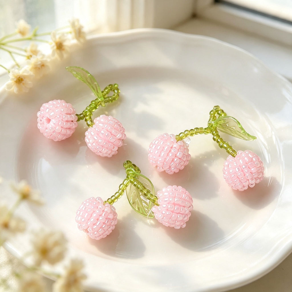 Handmade 3D Beaded Pink Cherry Drop Earrings | Green Leaf Stem Kawaii Fruit Fairycore Earrings