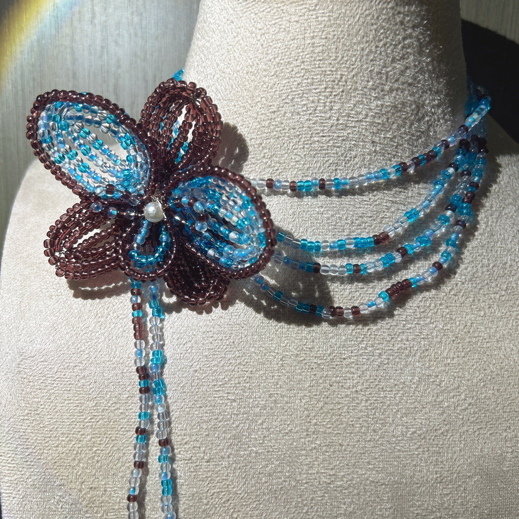 Handmade 3D Four-Petal Beaded Flower Lariat Necklace | Teal Brown Seed Bead Wearable Art