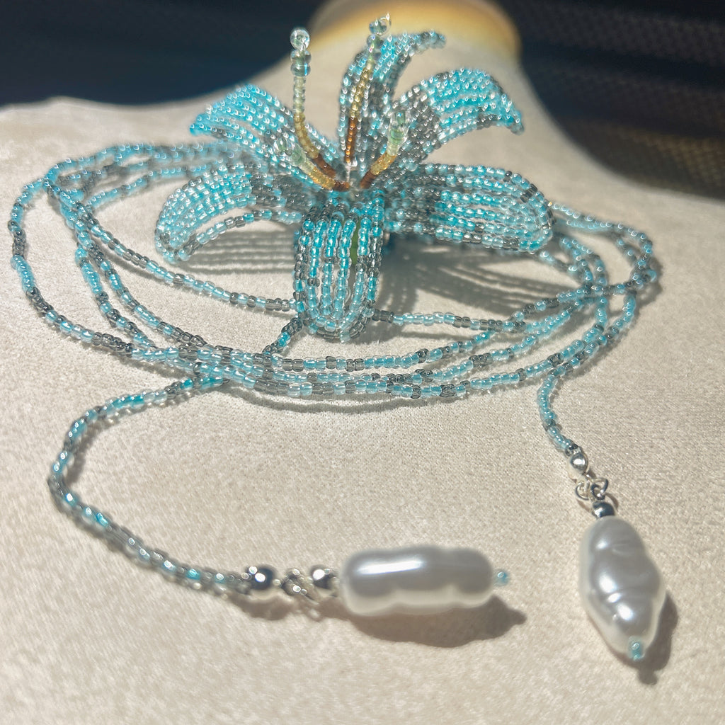 Handmade Tiffany Blue 3D Beaded Lily Flower Lariat Necklace | Baroque Pearl Drop Ocean Fairycore