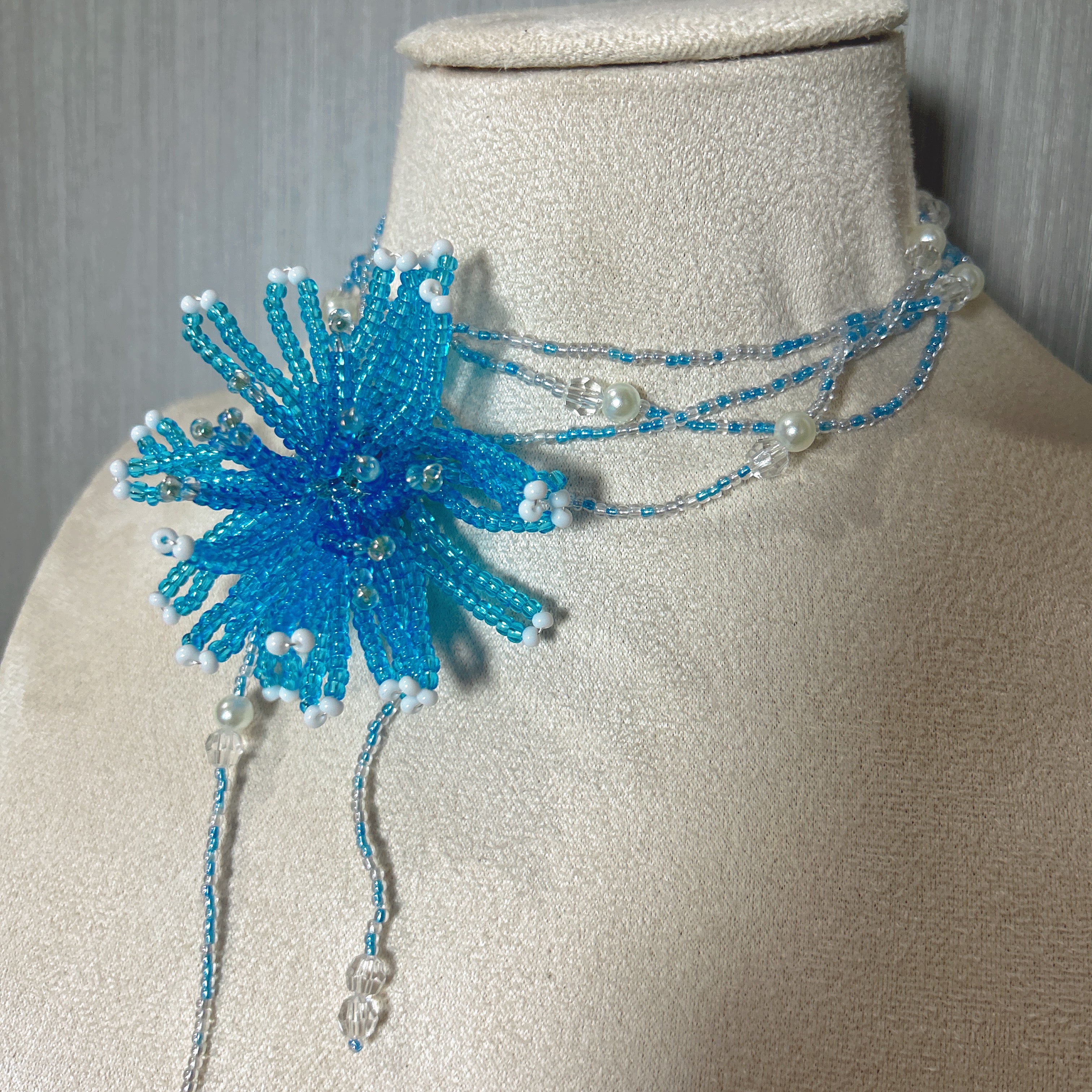 Handmade 3D Blue Starburst Beaded Flower Lariat Necklace | Teal Seed Bead Pearl Crystal Drop Fairycore