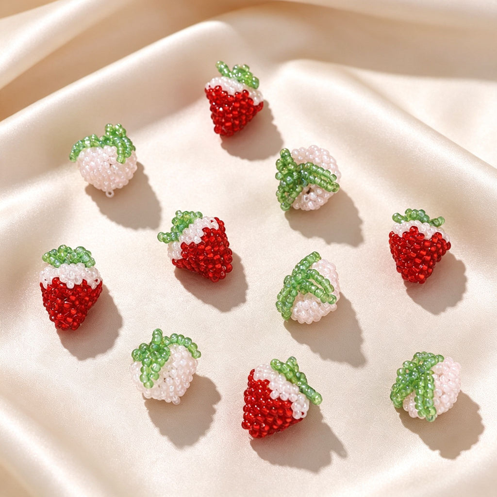 Handmade 3D Beaded Strawberry Charm Pendant | Seed Bead Fruit Charm for Necklace Bracelet Earring
