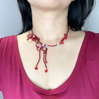 Handmade Red Seed Bead Bow Lariat Necklace | Double Bow Crystal Butterfly Pearl Drop Romantic