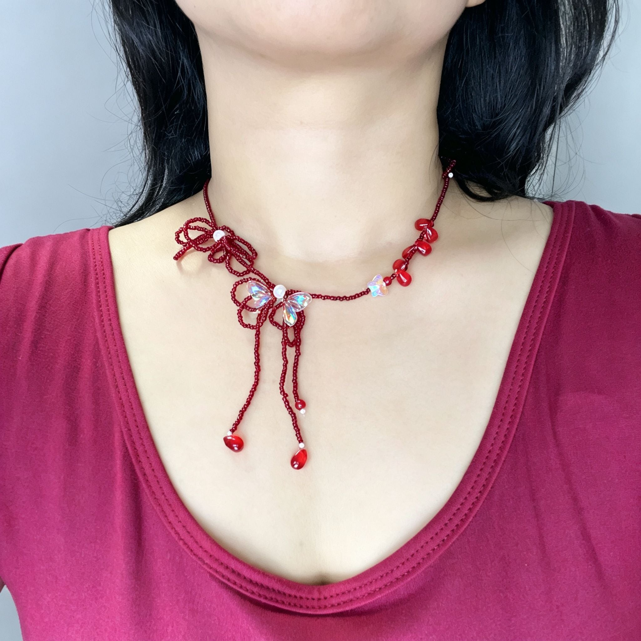 Handmade Red Seed Bead Bow Lariat Necklace | Double Bow Crystal Butterfly Pearl Drop Romantic