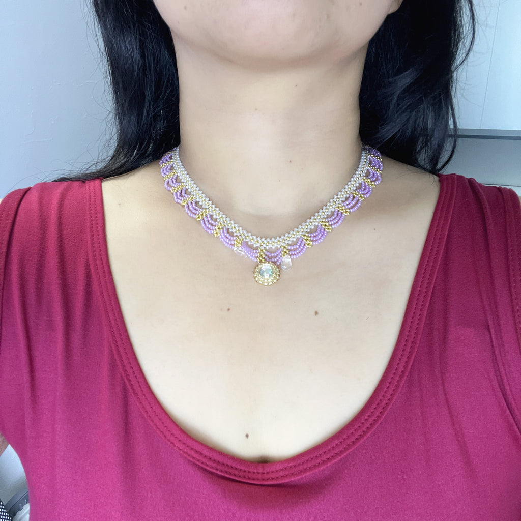 Handmade Lace Beaded Choker Necklace with Pearl Pendant | Lavender & Pink Princess Bridal Fairycore