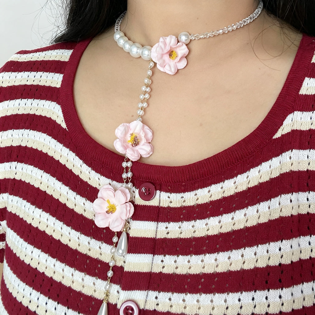 Handmade Pink Fabric Flower Lariat Necklace | Triple Camellia Pearl Crystal Chain Cottagecore