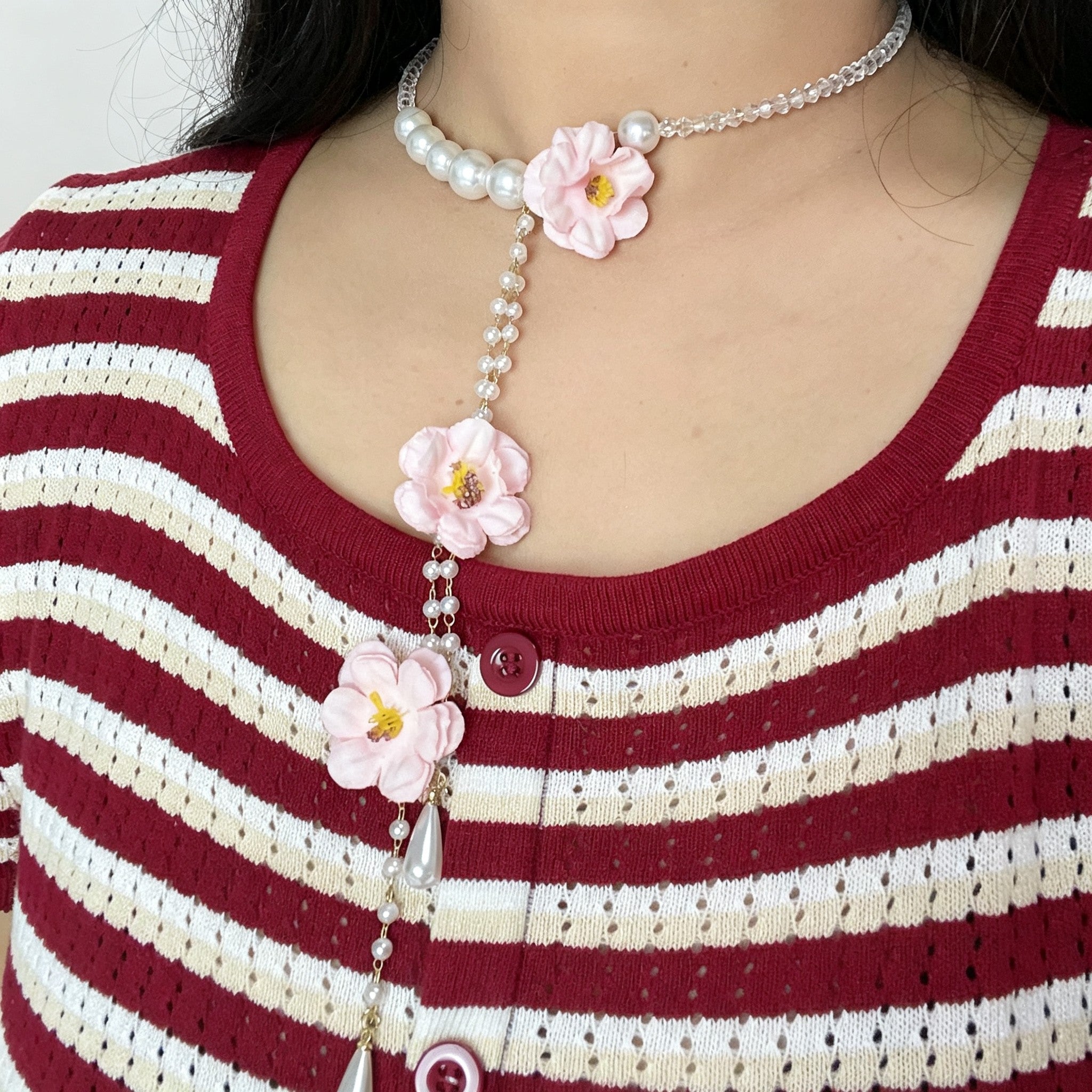 Handmade Pink Fabric Flower Lariat Necklace | Triple Camellia Pearl Crystal Chain Cottagecore