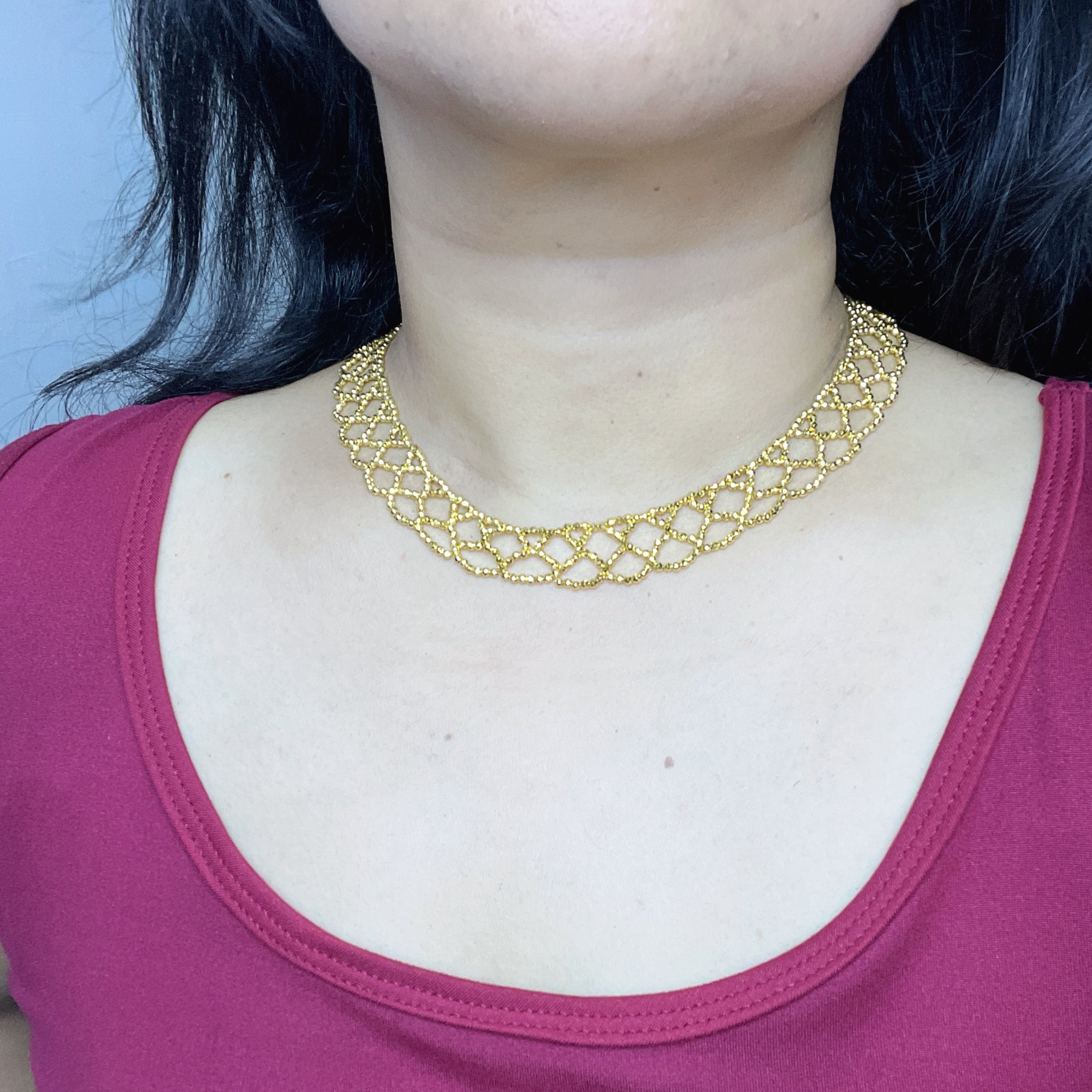 Handmade Gold Seed Bead Lattice Lace Choker Necklace | Wide Diamond Net Collar Elegant Statement