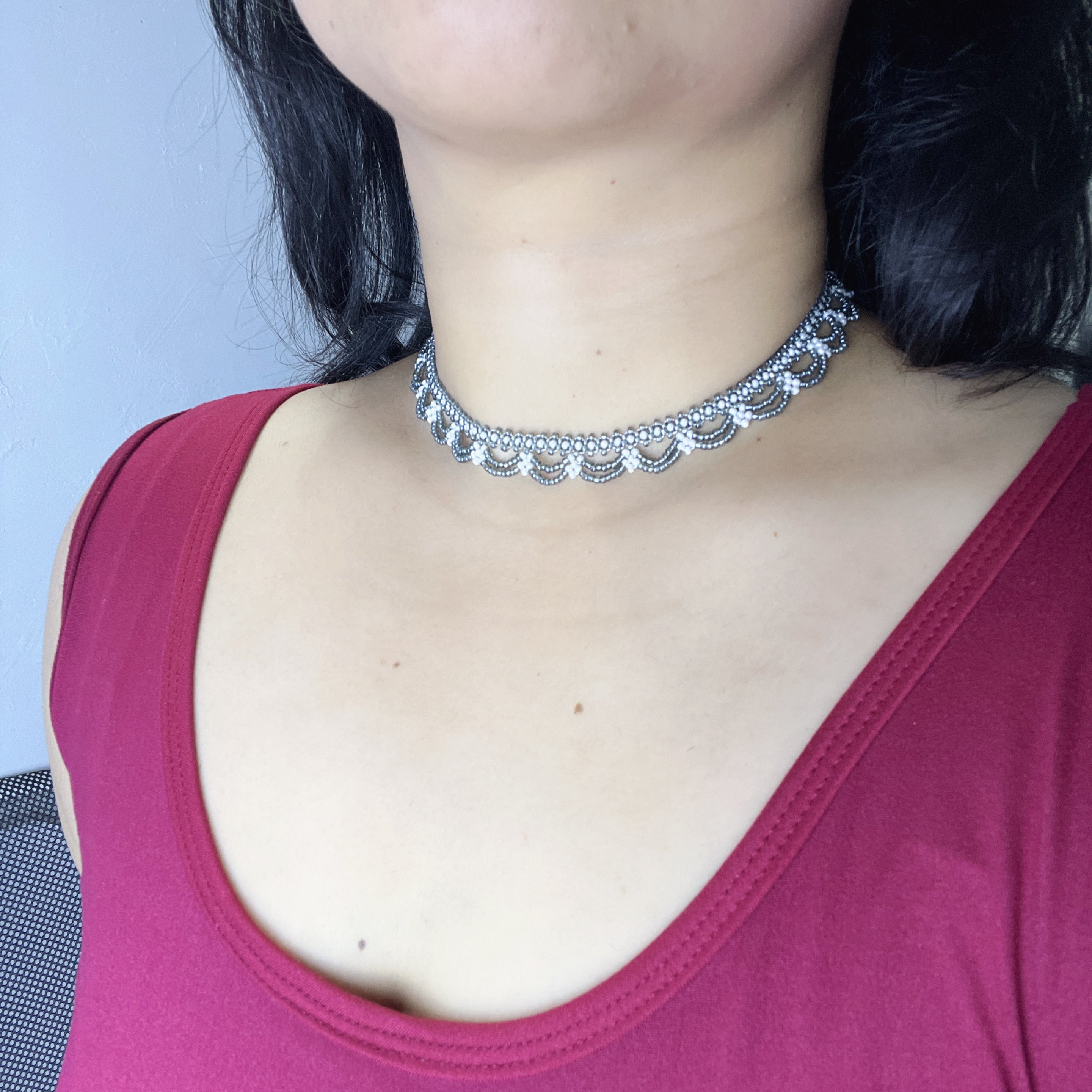 Handmade Silver & White Scallop Lace Beaded Choker Necklace | Wide Double Layer Bridal Collar