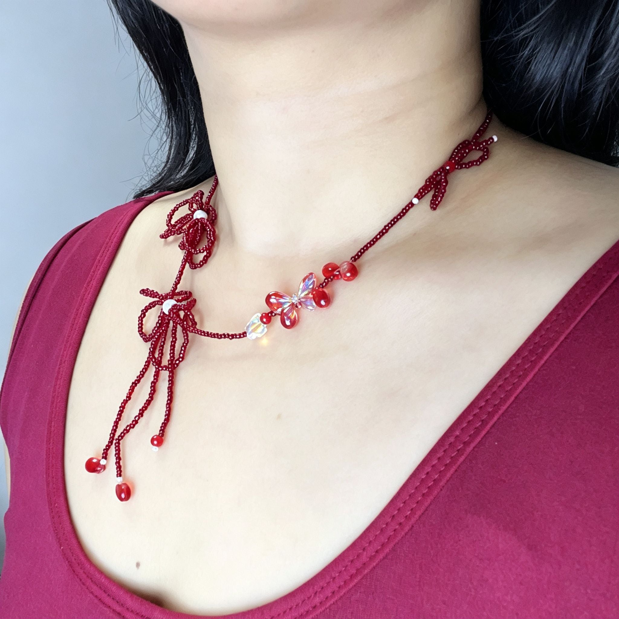 Handmade Red Seed Bead Bow Lariat Necklace | Double Bow Crystal Butterfly Pearl Drop Romantic
