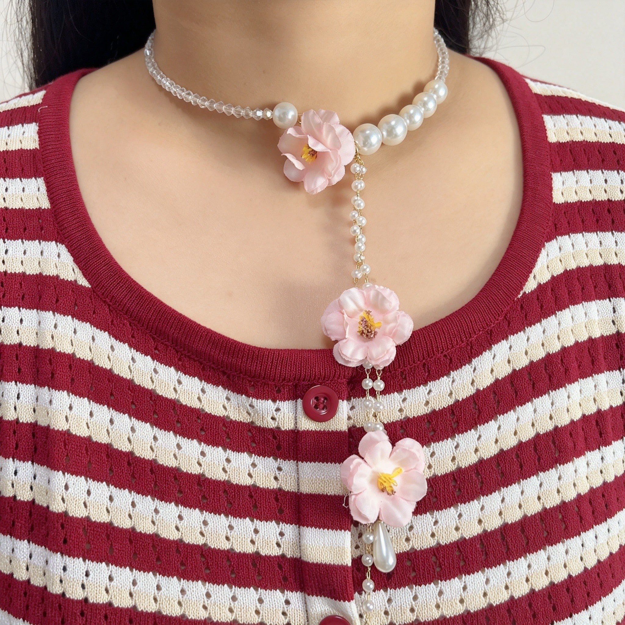Handmade Pink Fabric Flower Lariat Necklace | Triple Camellia Pearl Crystal Chain Cottagecore