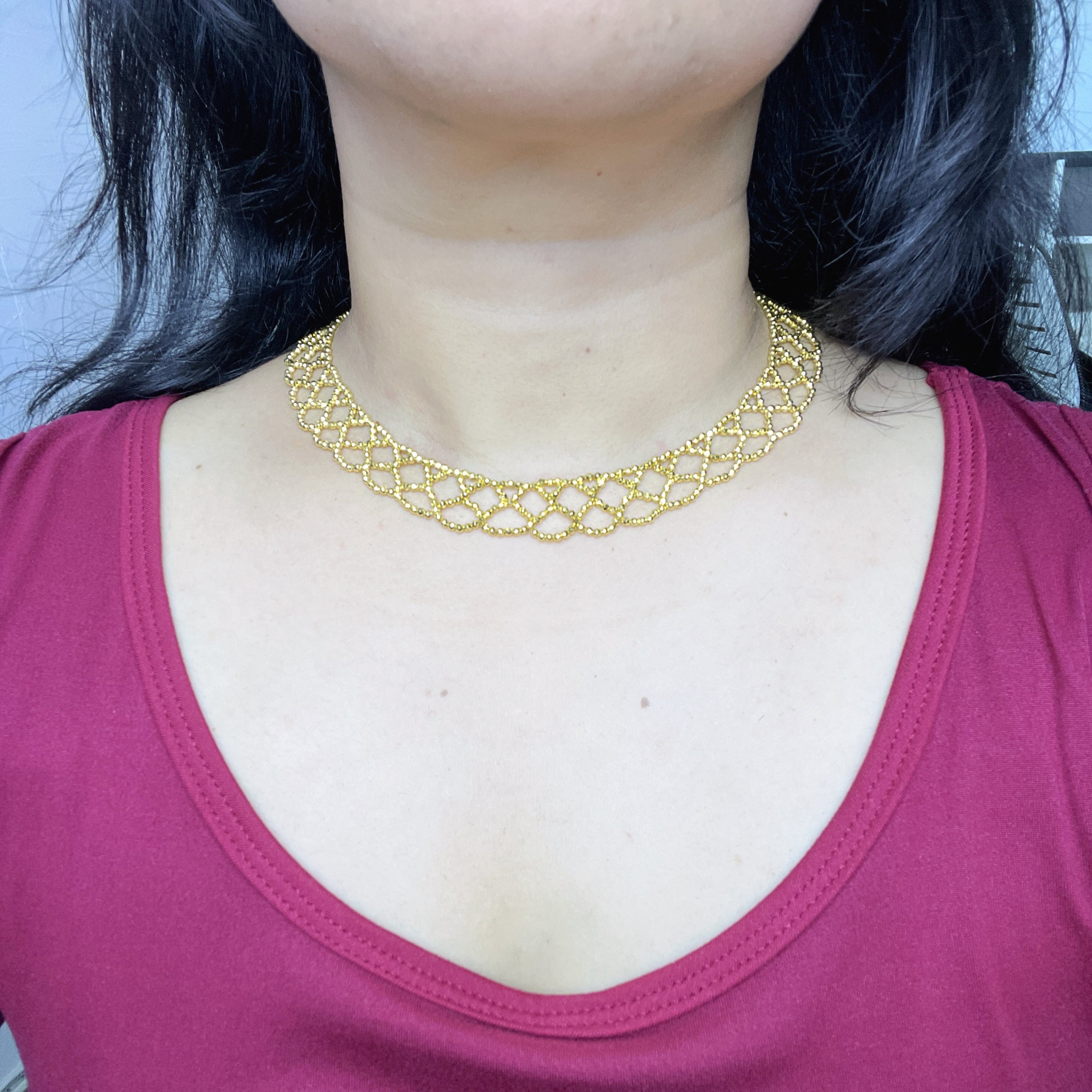 Handmade Gold Seed Bead Lattice Lace Choker Necklace | Wide Diamond Net Collar Elegant Statement
