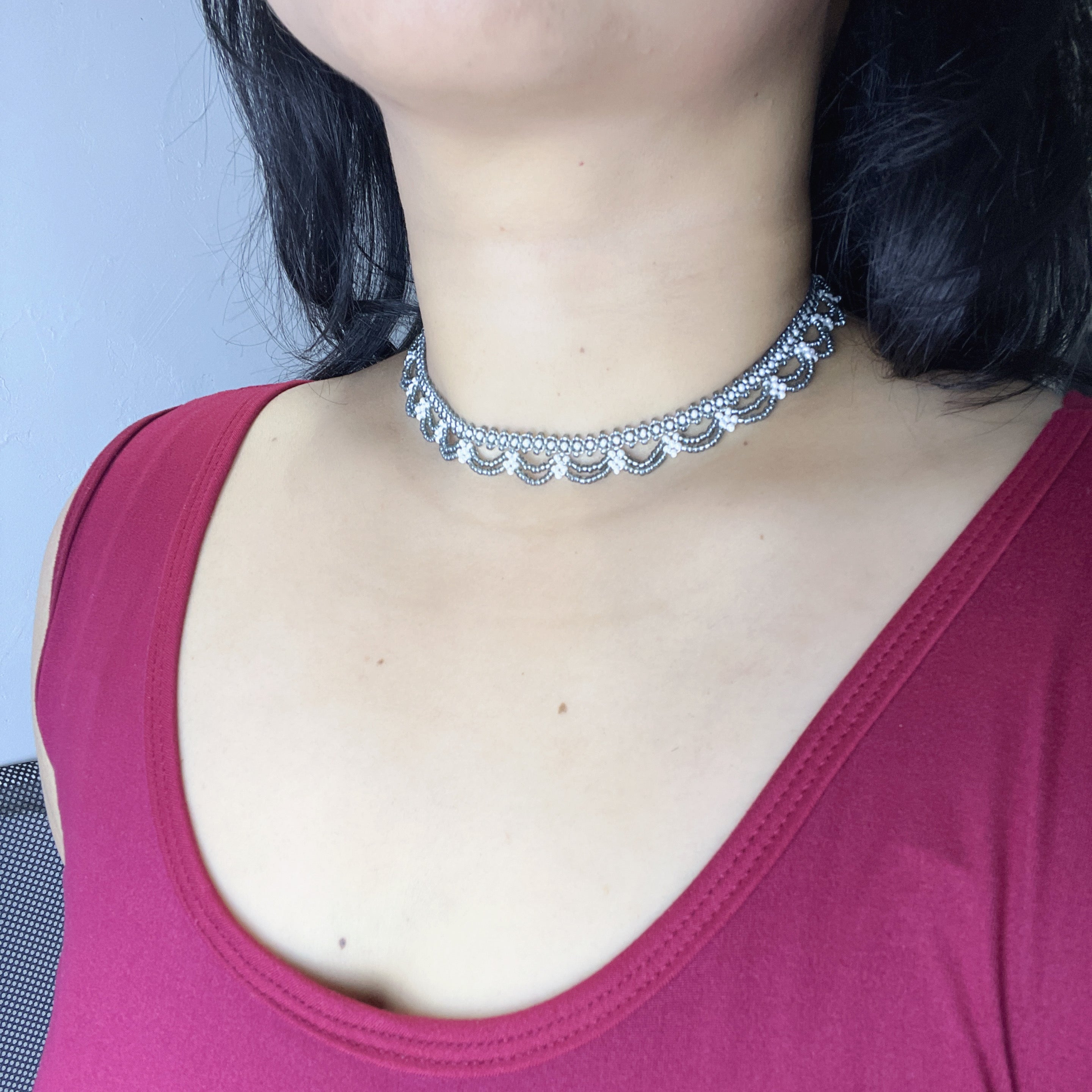 Handmade Silver & White Scallop Lace Beaded Choker Necklace | Wide Double Layer Bridal Collar