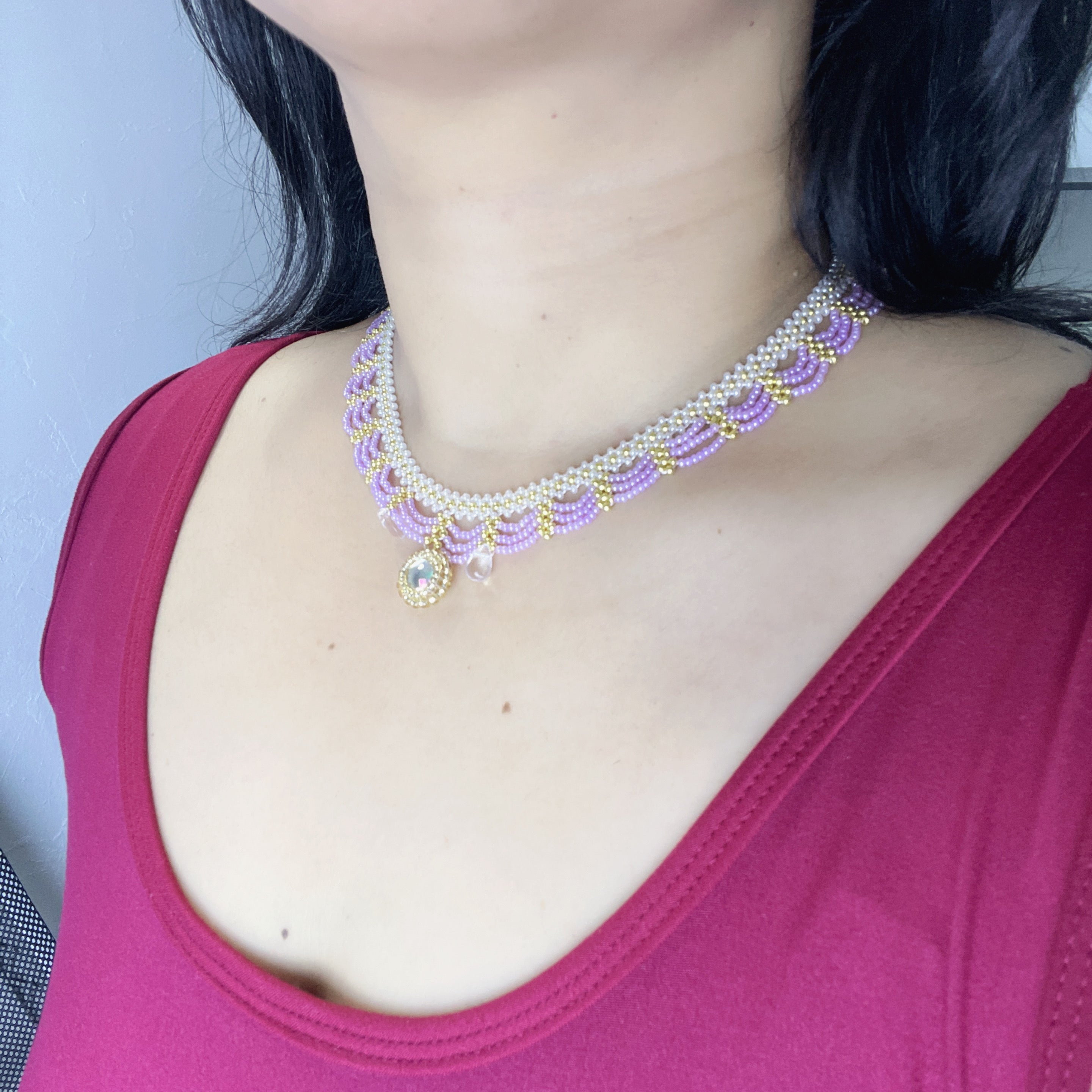 Handmade Lace Beaded Choker Necklace with Pearl Pendant | Lavender & Pink Princess Bridal Fairycore