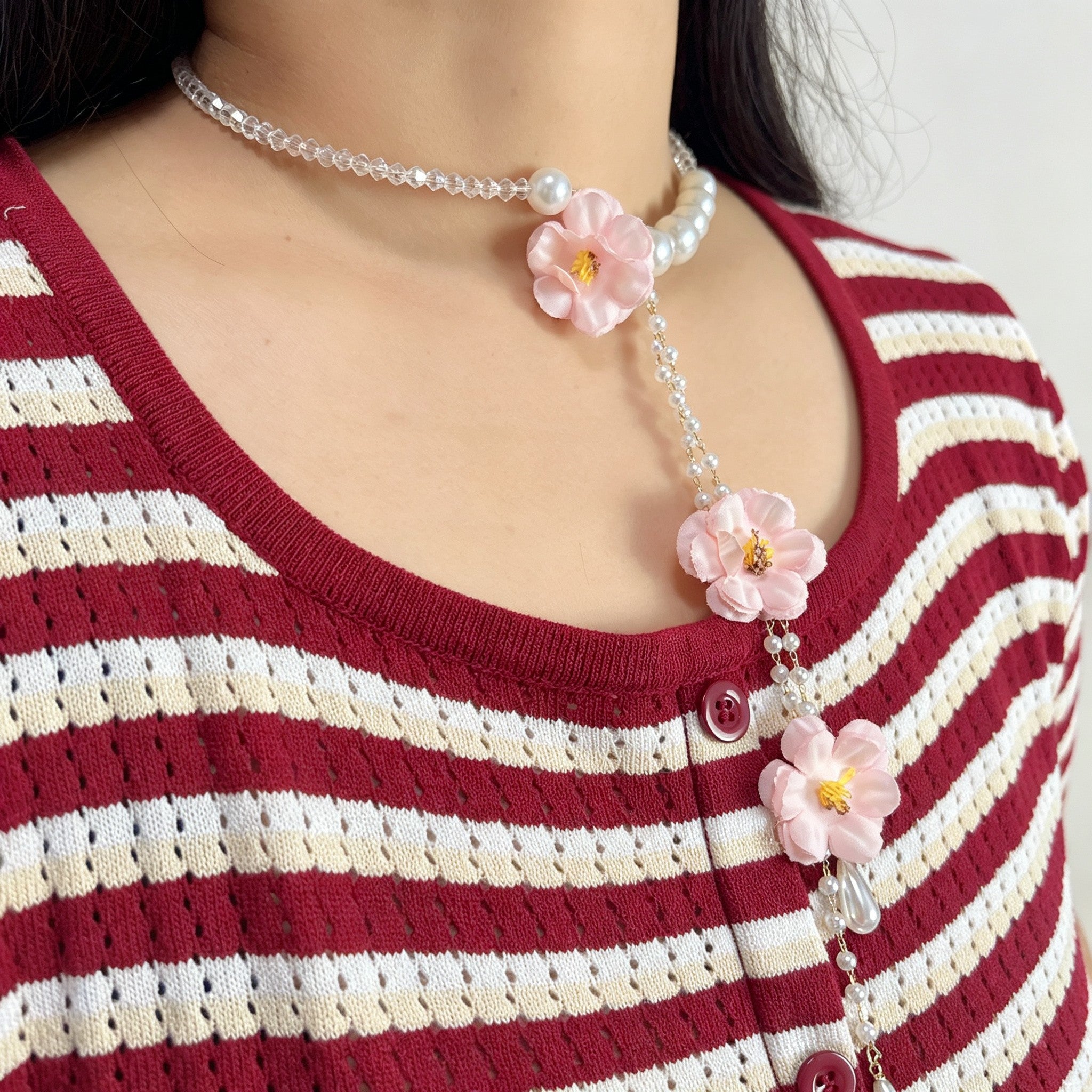 Handmade Pink Fabric Flower Lariat Necklace | Triple Camellia Pearl Crystal Chain Cottagecore
