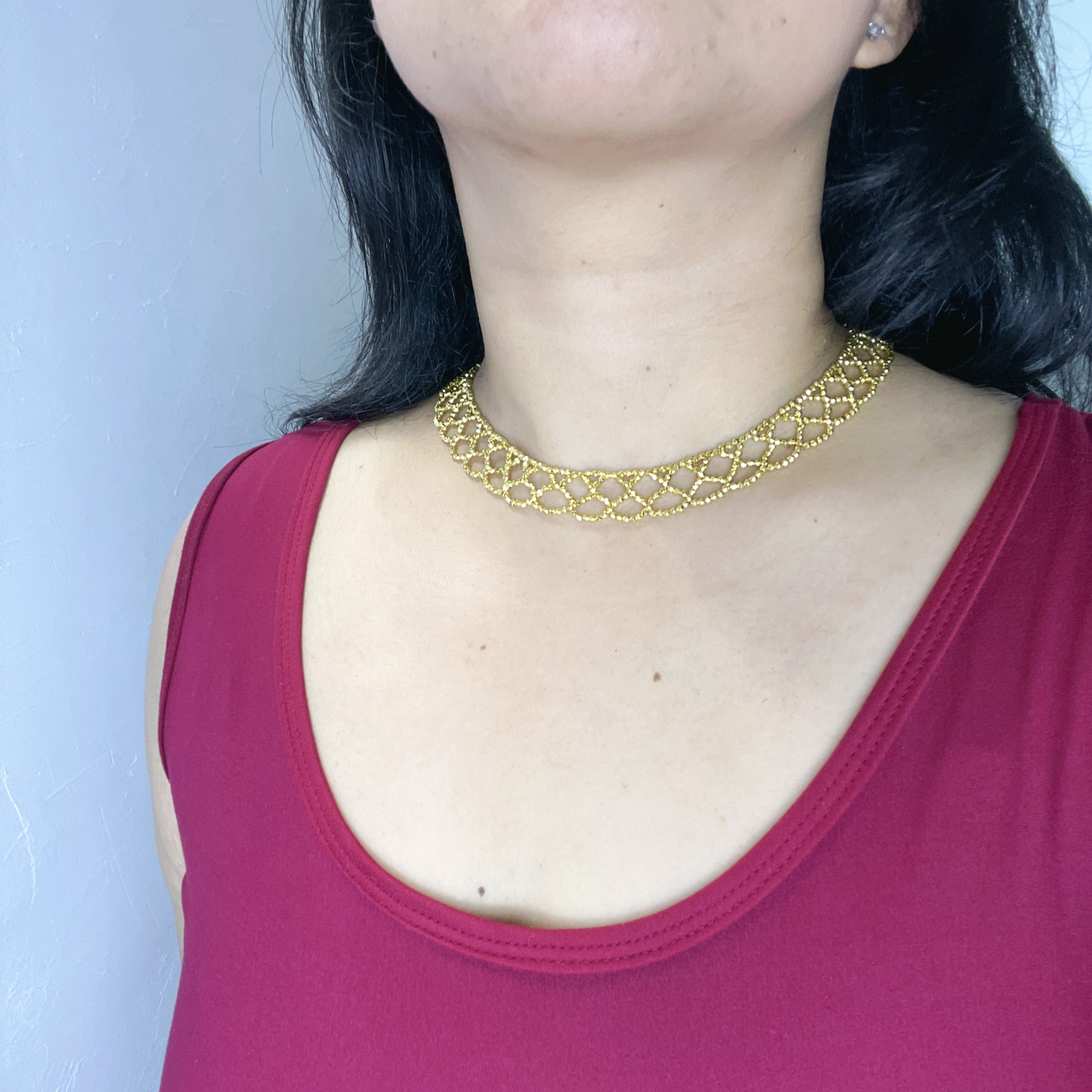 Handmade Gold Seed Bead Lattice Lace Choker Necklace | Wide Diamond Net Collar Elegant Statement