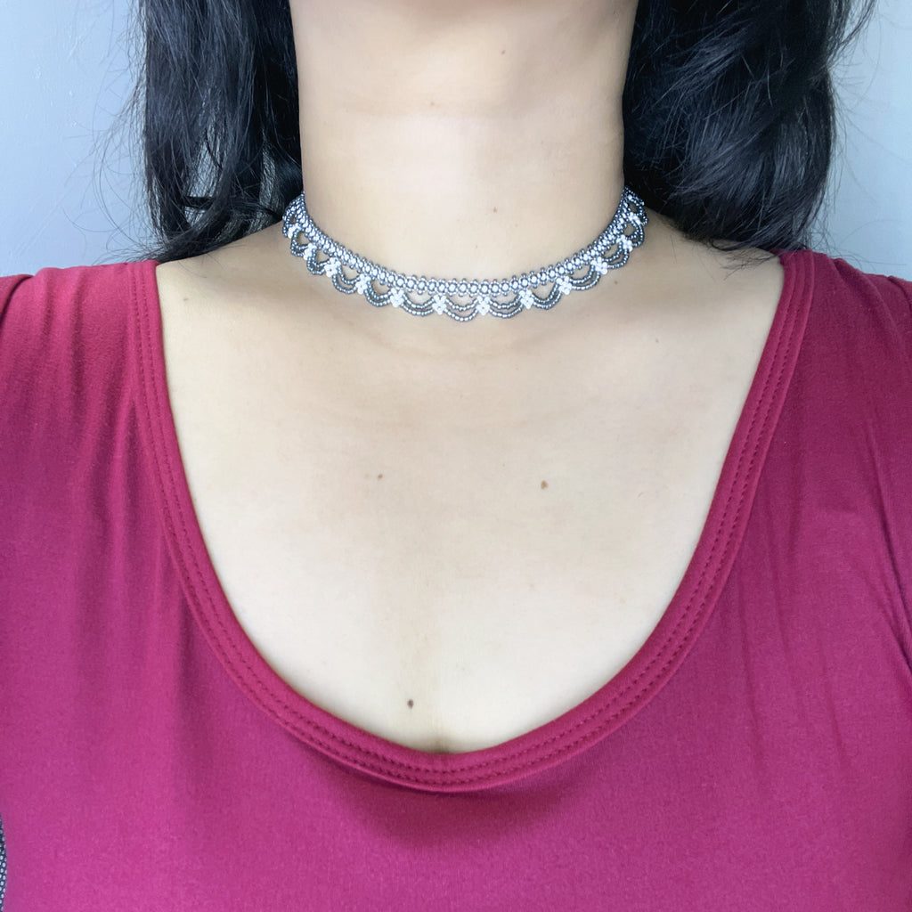 Handmade Silver & White Scallop Lace Beaded Choker Necklace | Wide Double Layer Bridal Collar
