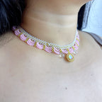 Handmade Lace Beaded Choker Necklace with Pearl Pendant | Lavender & Pink Princess Bridal Fairycore