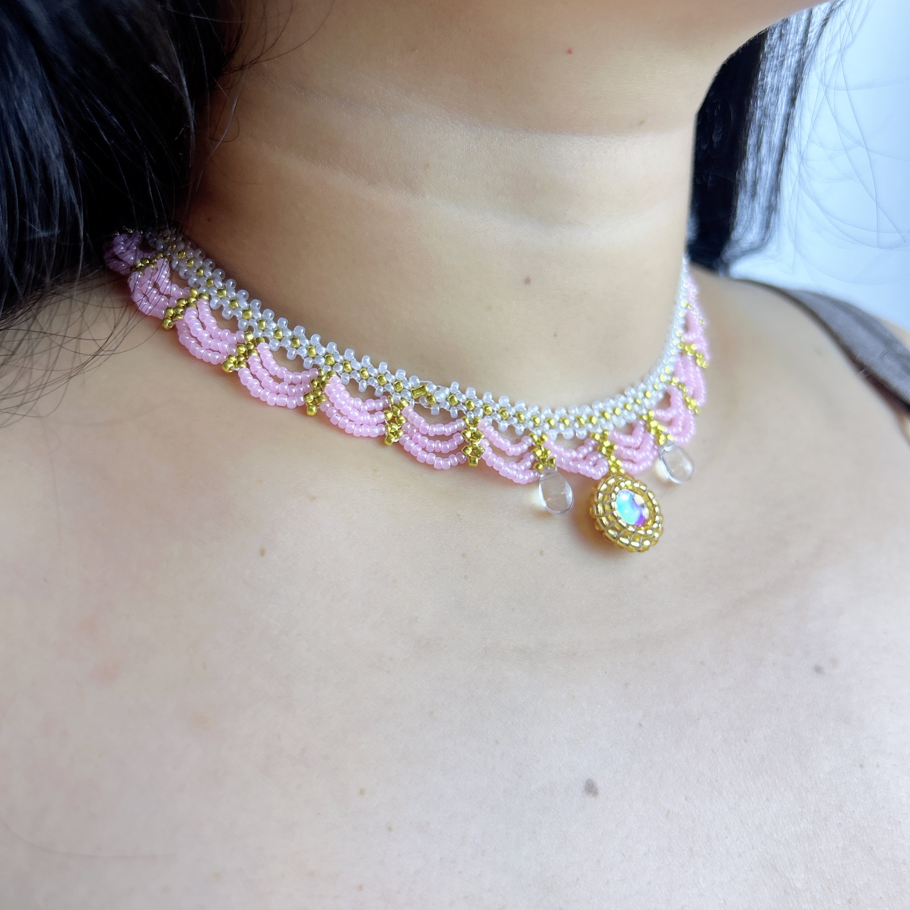 Handmade Lace Beaded Choker Necklace with Pearl Pendant | Lavender & Pink Princess Bridal Fairycore