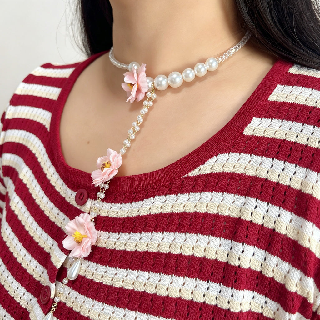 Handmade Pink Fabric Flower Lariat Necklace | Triple Camellia Pearl Crystal Chain Cottagecore