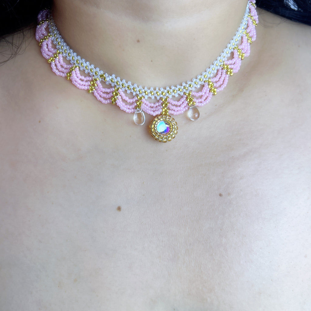 Handmade Lace Beaded Choker Necklace with Pearl Pendant | Lavender & Pink Princess Bridal Fairycore