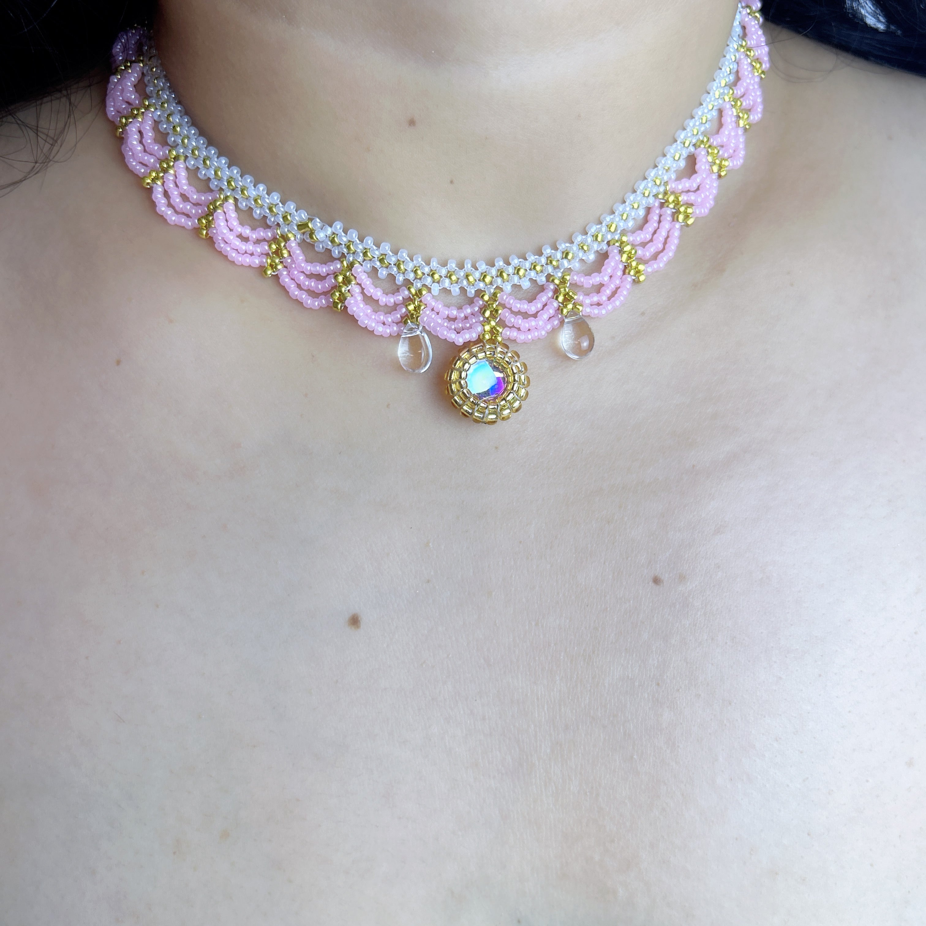 Handmade Lace Beaded Choker Necklace with Pearl Pendant | Lavender & Pink Princess Bridal Fairycore