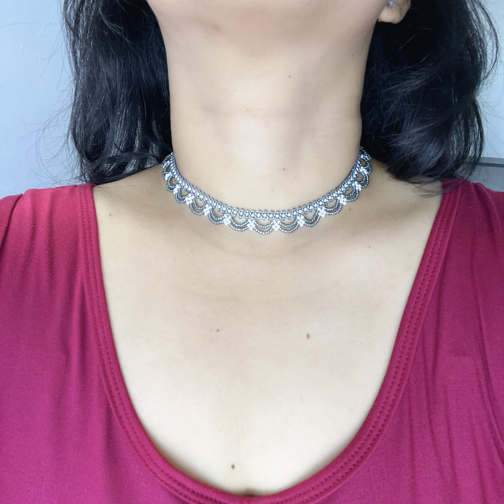 Handmade Silver & White Scallop Lace Beaded Choker Necklace | Wide Double Layer Bridal Collar
