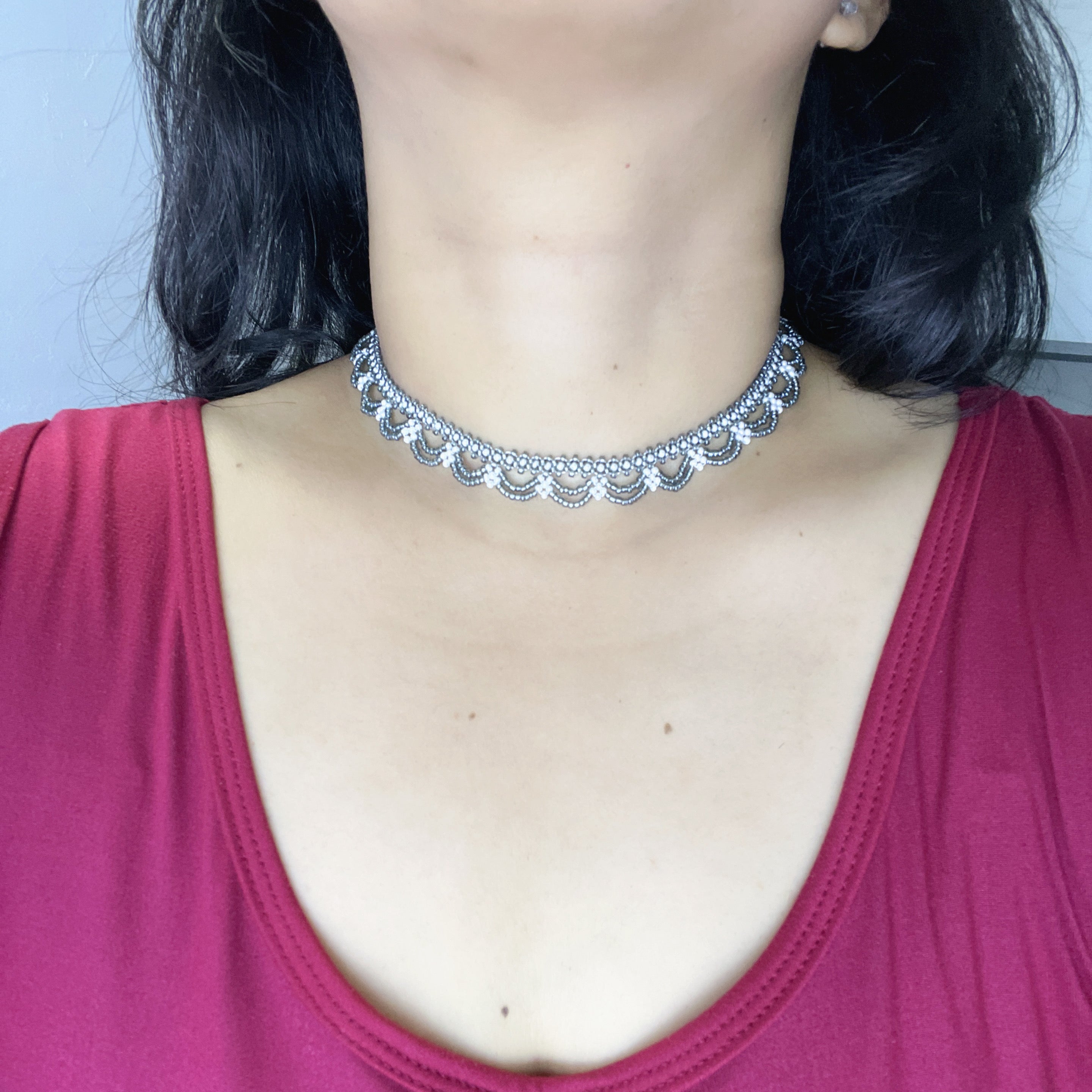 Handmade Silver & White Scallop Lace Beaded Choker Necklace | Wide Double Layer Bridal Collar