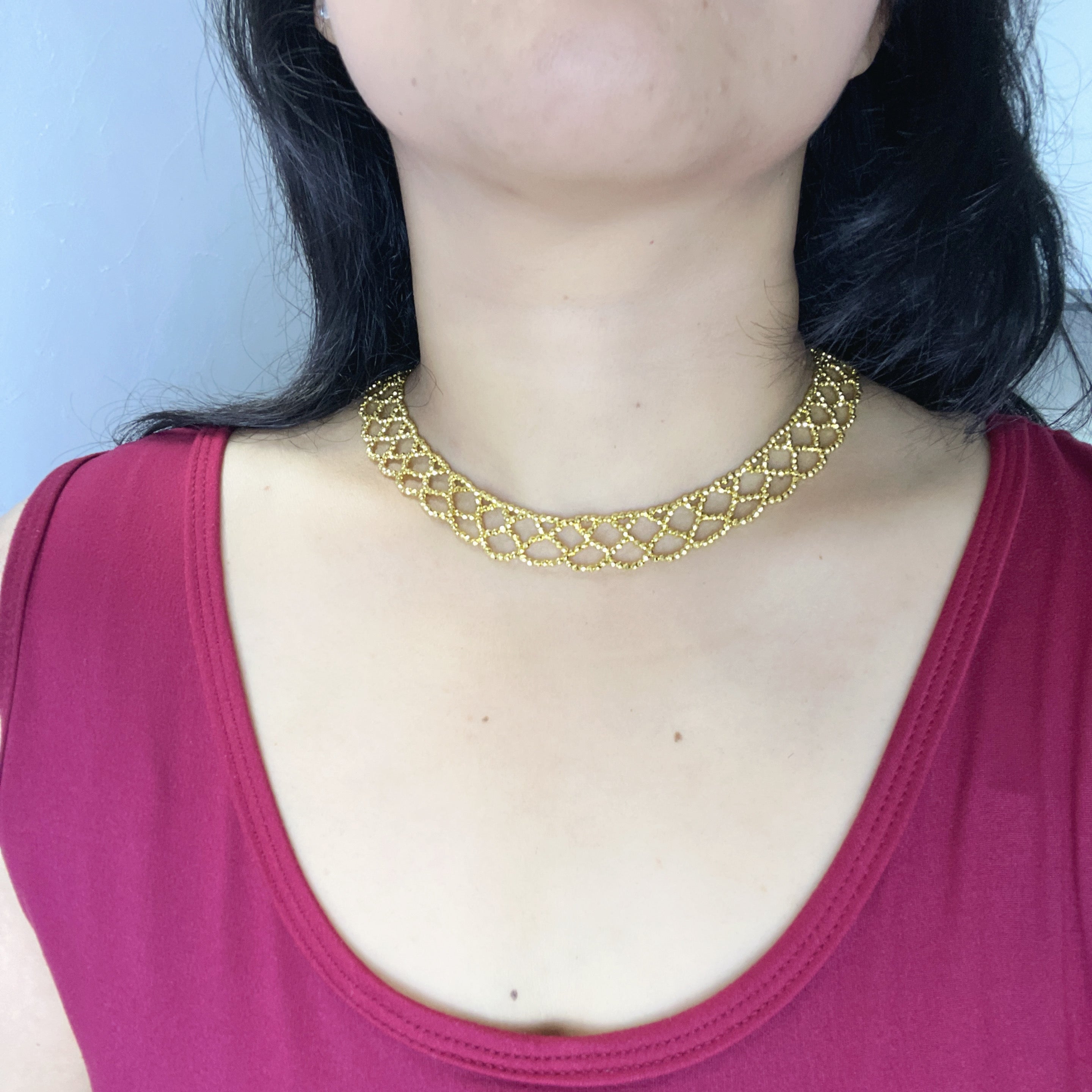 Handmade Gold Seed Bead Lattice Lace Choker Necklace | Wide Diamond Net Collar Elegant Statement