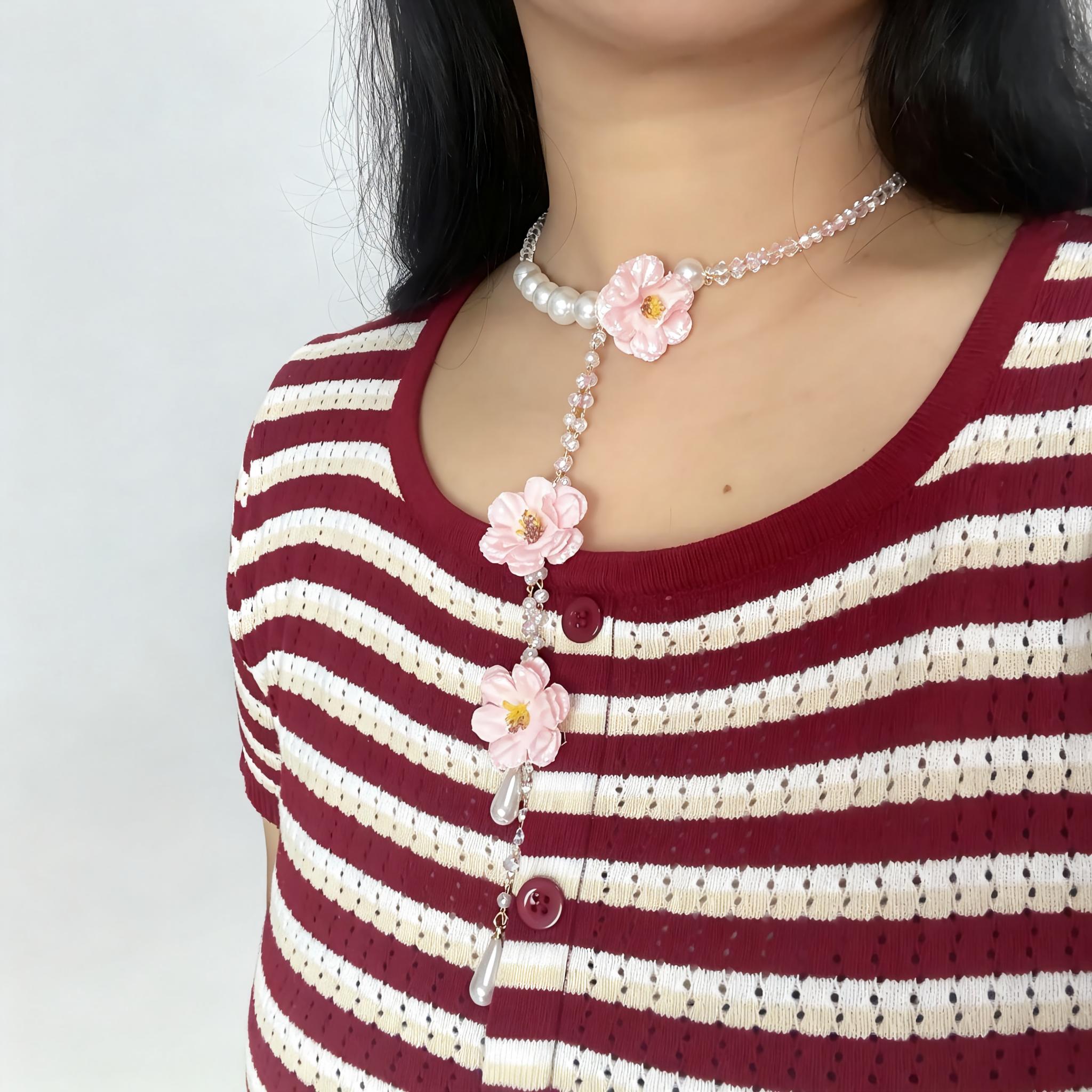 Handmade Pink Fabric Flower Lariat Necklace | Triple Camellia Pearl Crystal Chain Cottagecore