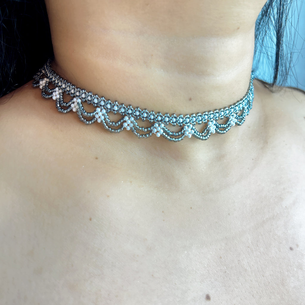 Handmade Silver & White Scallop Lace Beaded Choker Necklace | Wide Double Layer Bridal Collar