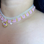 Handmade Lace Beaded Choker Necklace with Pearl Pendant | Lavender & Pink Princess Bridal Fairycore