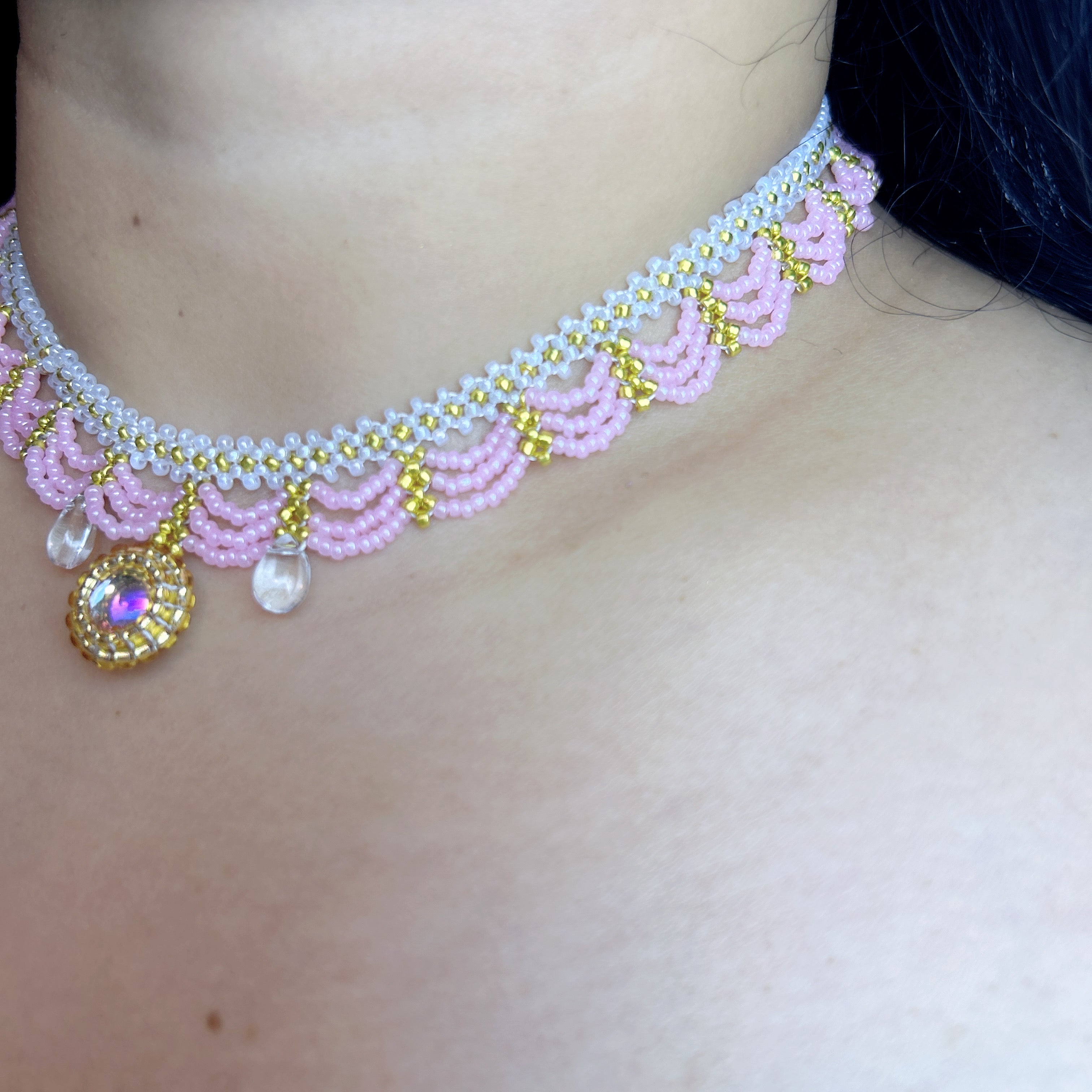 Handmade Lace Beaded Choker Necklace with Pearl Pendant | Lavender & Pink Princess Bridal Fairycore